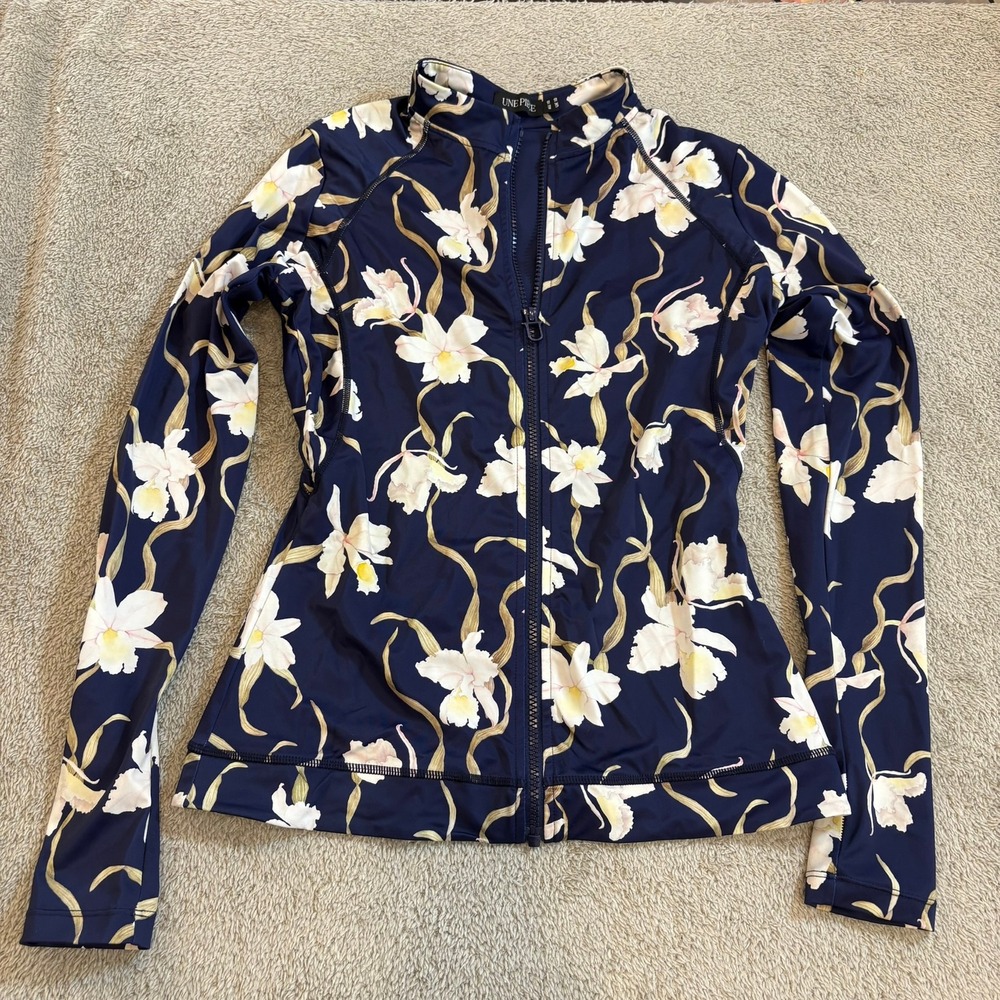 Une Piece Women's US 6 Floral Zip Rash Guard Navy Long Sleeve Swim Jacket UPF‎